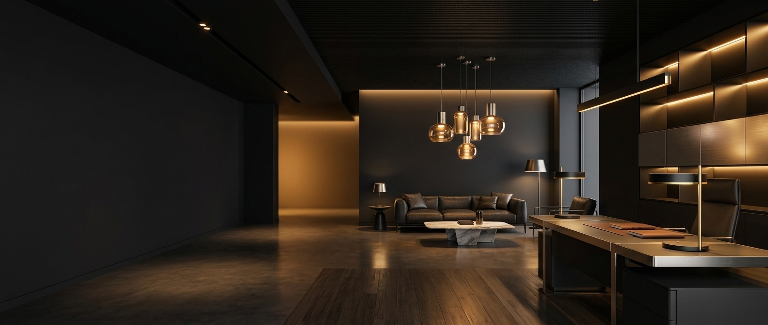 Premium KWLUX electrical and lighting hero image showing a wide service environment.